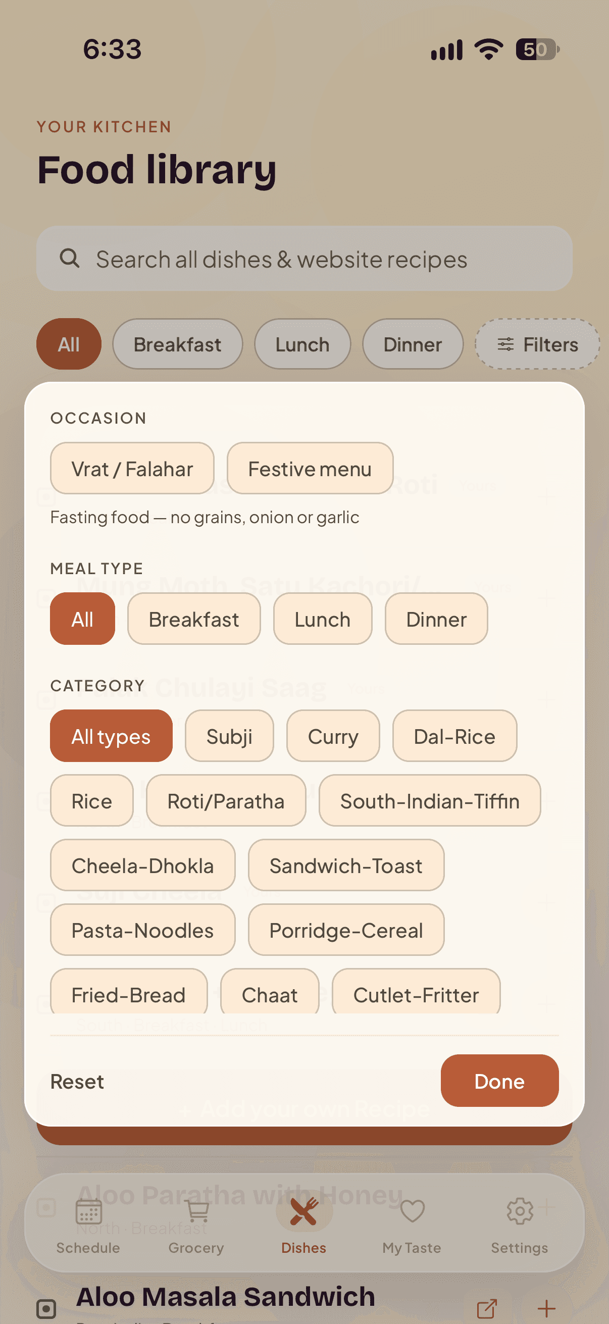 The Food library filter sheet — Vrat / Falahar and Festive menu occasions, meal type, and dish categories from Subji and Dal-Rice to South-Indian-Tiffin and Chaat
