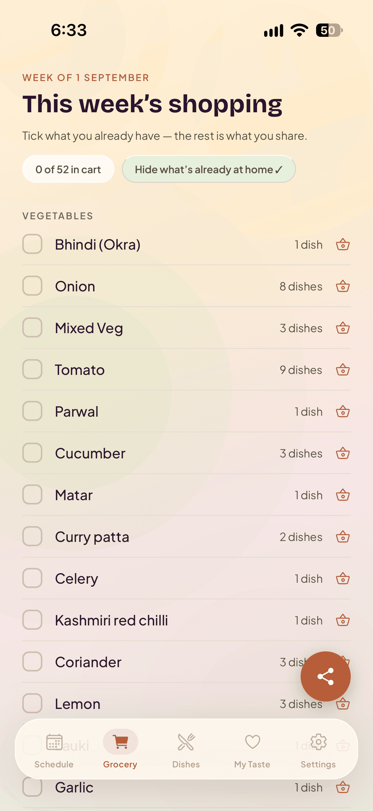 This week’s shopping list grouped by category, each item showing how many dishes need it, with a basket button to order it