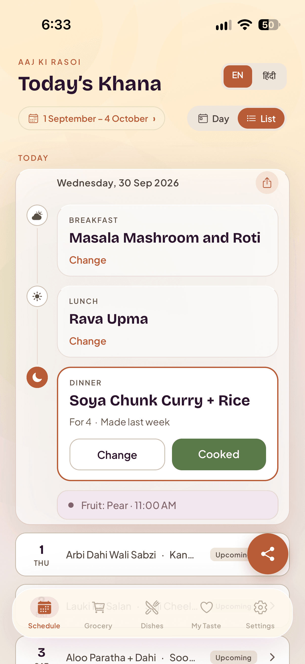 The same week as a scrolling list, today expanded and the coming days collapsed beneath it