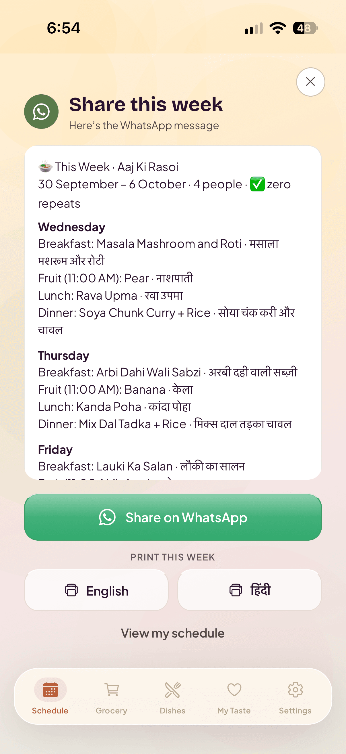 The Share this week sheet — the WhatsApp message laid out day by day with every dish named in English and Hindi, above a Share on WhatsApp button and Print in English or Hindi